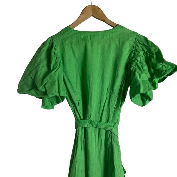 Nicholas Troy Green Linen Button Front Tie Waist Short Sleeve Dress Size 4 - Picture 10 of 12
